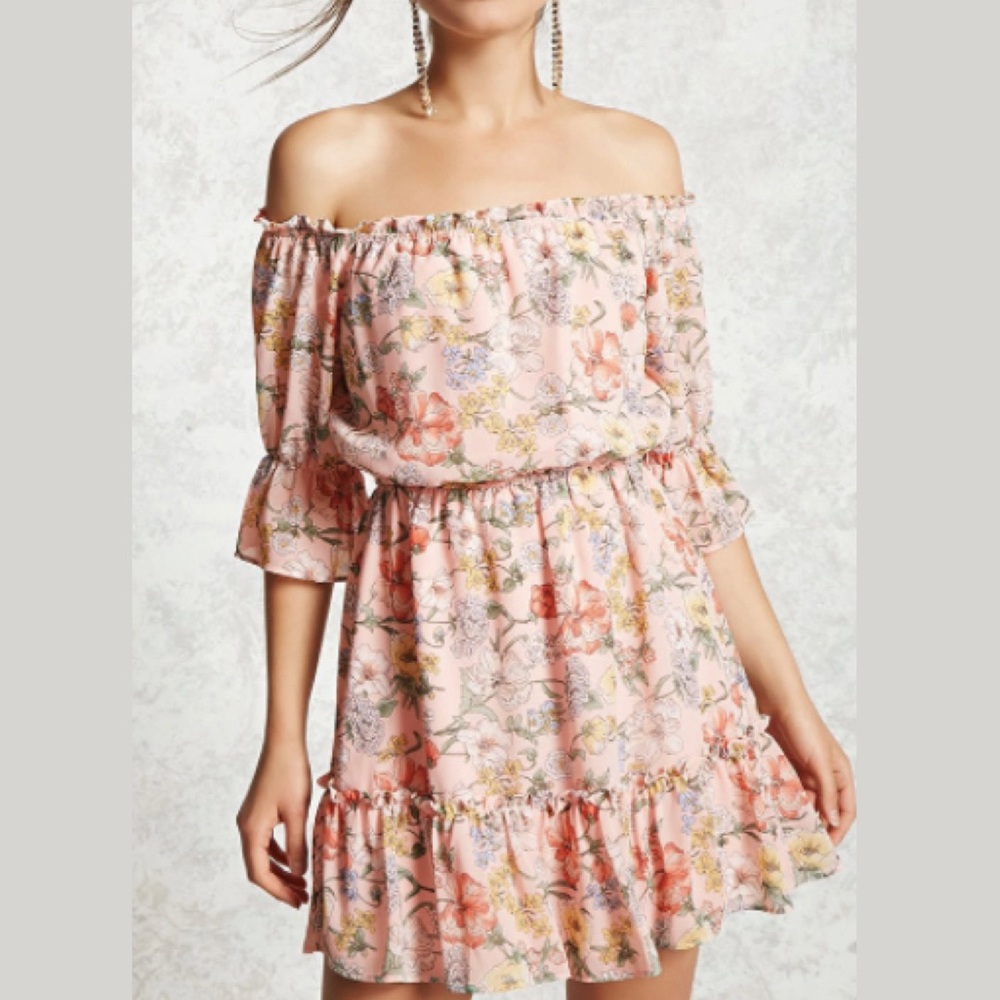 Forever 21 Pink Floral Off The Shoulder Ruffle Fit & Flare Mini Dress Medium